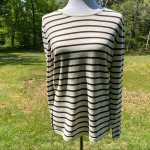 J. McLAUGHLIN SWEATER CREWNECK CREAM BROWN STRIPE LONG SLEEVE SIZE M